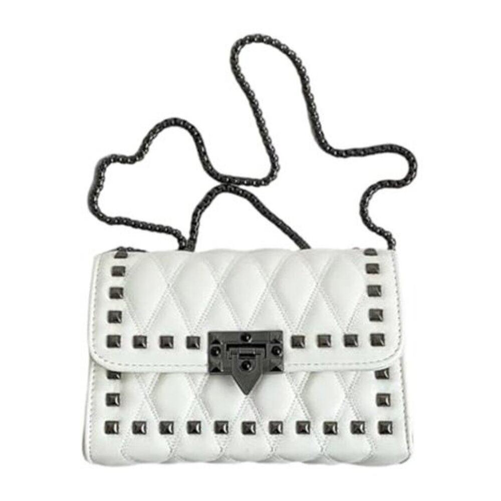Women’s White Studded Punk Crossbody Bag Chain Strap Vegan Leather Purse - Picture 4 of 8